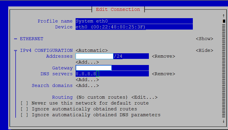 NMTUI showing the "Edit Connection" screen with all the necessary options filled out