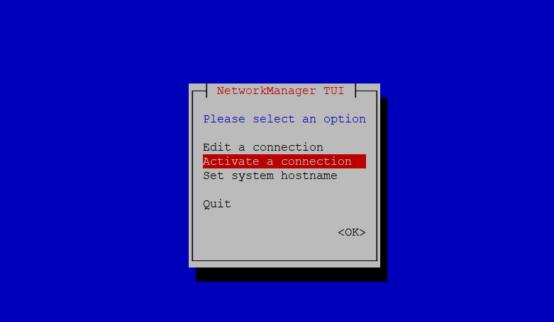 NMTUI with the "Activate a connection" option highlighted in the main menu
