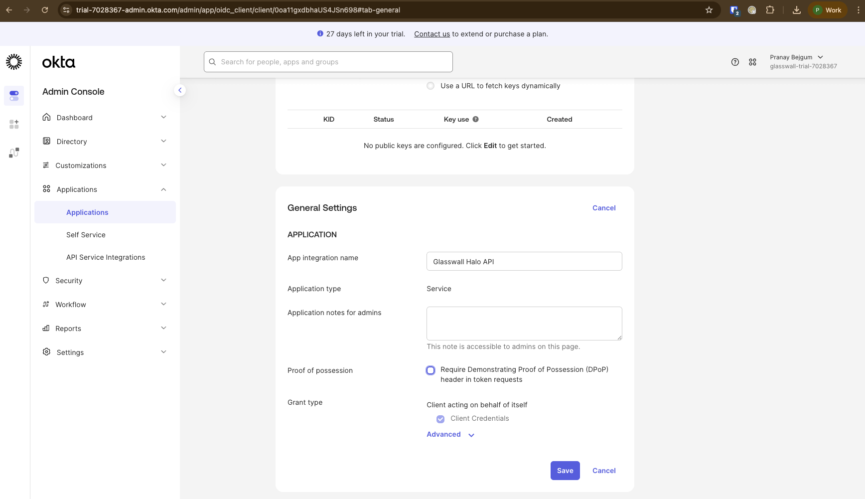 Screenshot: Disable DPoP in Okta application settings