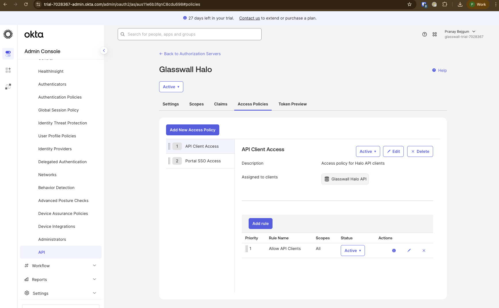 Screenshot: API access policy on authorization server