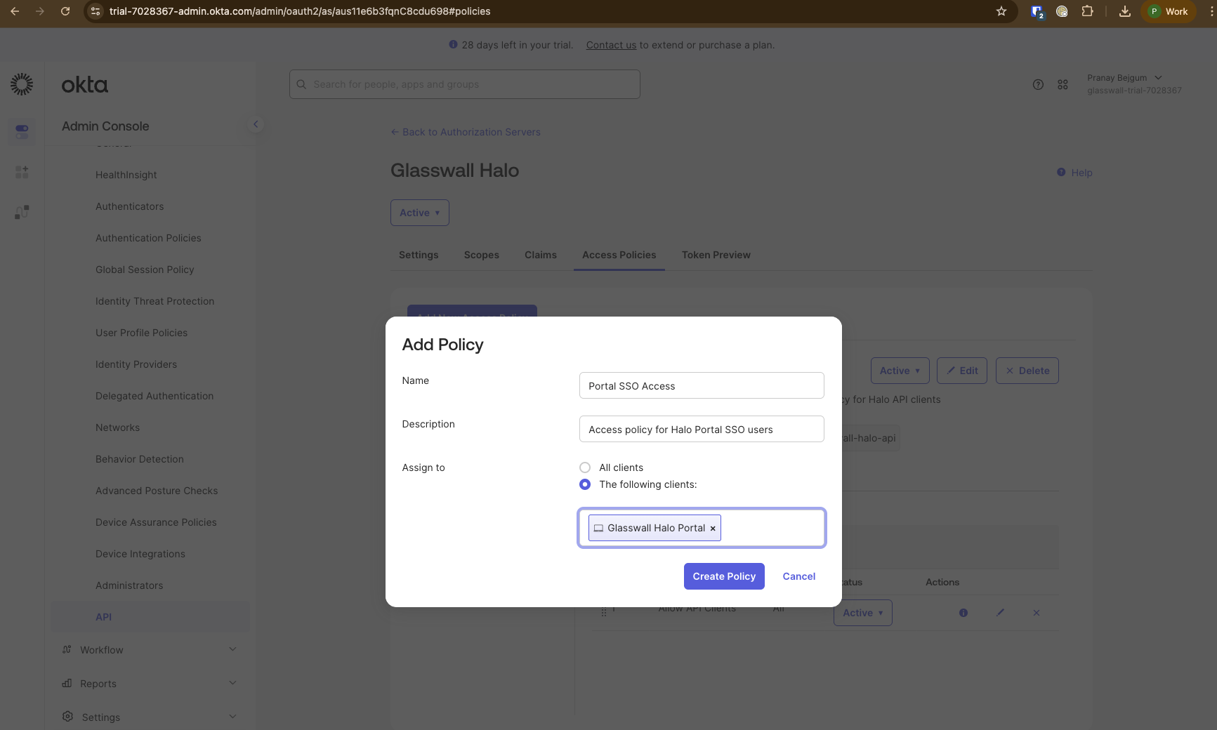 Screenshot: Access policy for Portal SSO