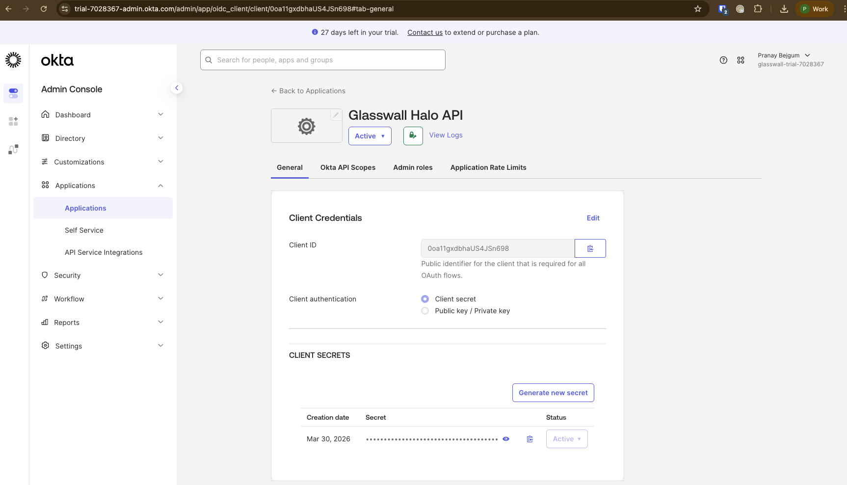 Screenshot: Client ID and secret from Okta application