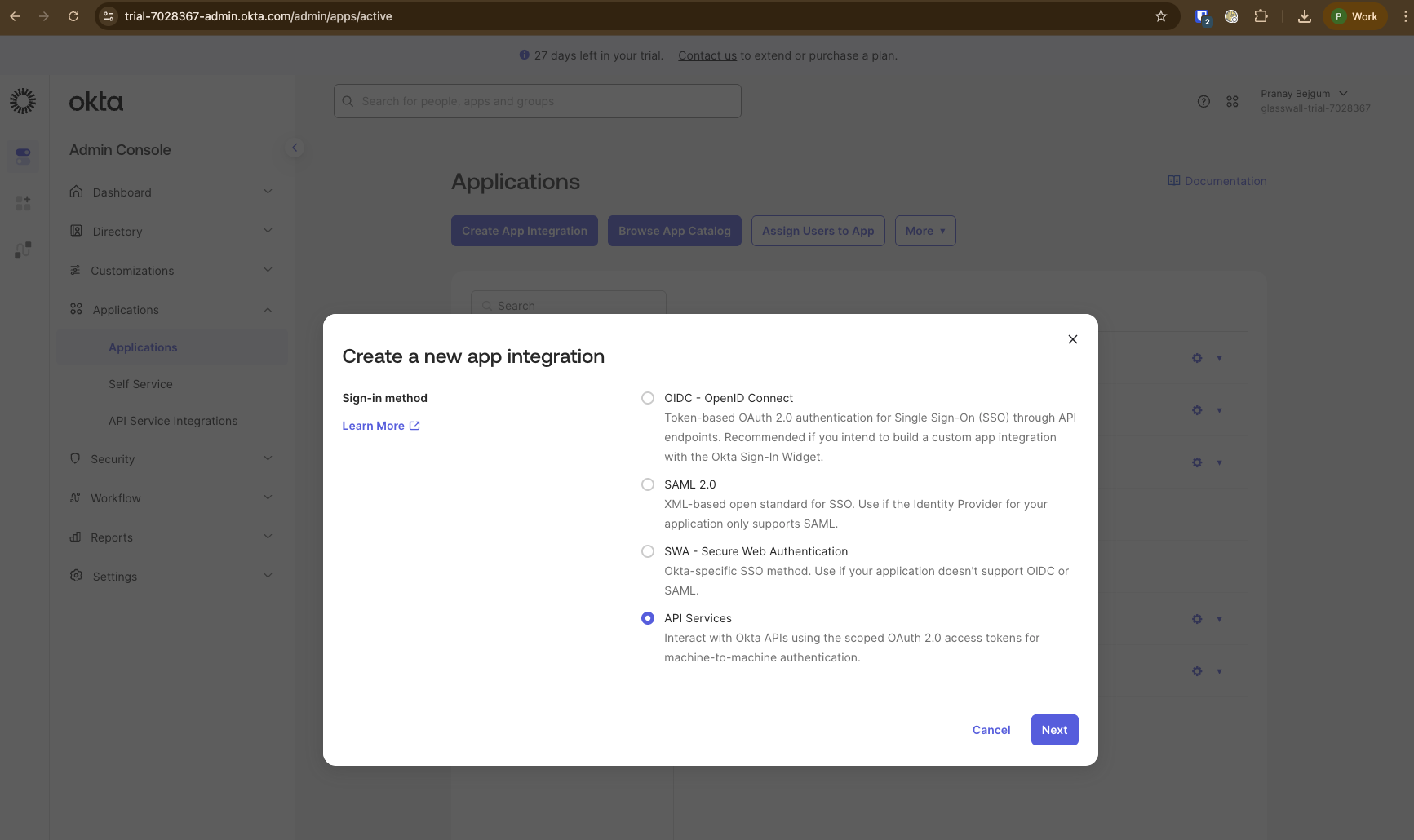 Screenshot: Create API Services application in Okta