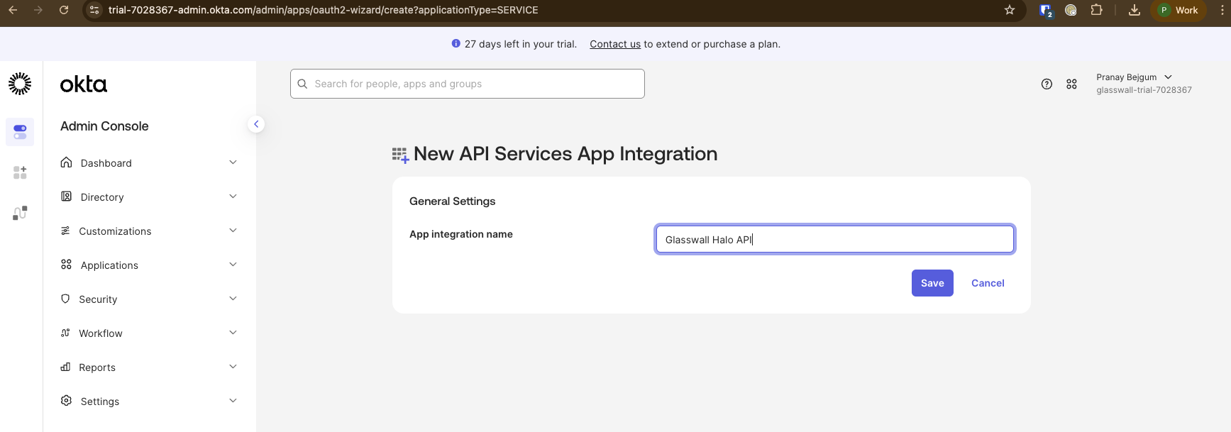 Screenshot: API service app name in Okta